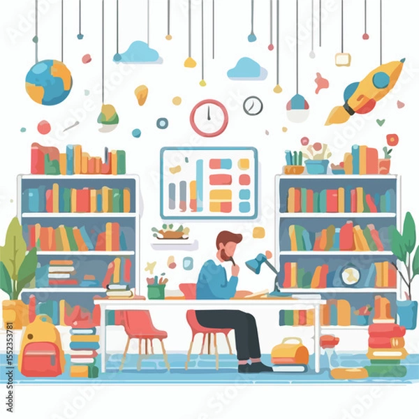 Fototapeta image of school library with children's decoration with simple and minimalist flat design using white background