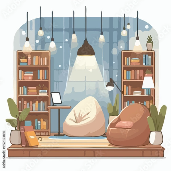 Fototapeta image of a comfortable reading area with bean bags and soft lighting with a simple and minimalist flat design using a white background