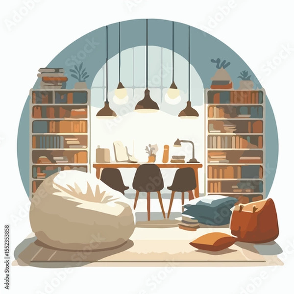 Fototapeta image of a comfortable reading area with bean bags and soft lighting with a simple and minimalist flat design using a white background