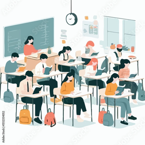Fototapeta image of several students sitting on classroom benches while studying with a simple and minimalist flat design using a white background