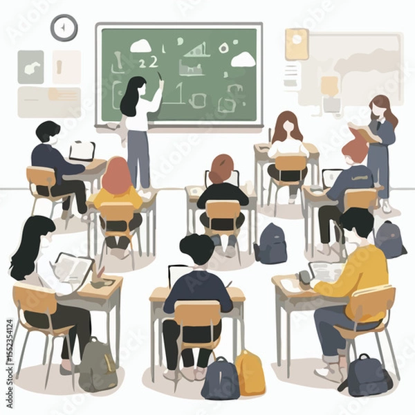 Fototapeta image of several students sitting on classroom benches while studying with a simple and minimalist flat design using a white background