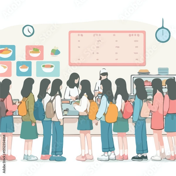 Fototapeta image of a school canteen atmosphere with students buying food with a simple and minimalist flat design using a white background