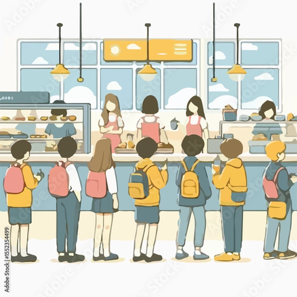 Fototapeta image of a school canteen atmosphere with students buying food with a simple and minimalist flat design using a white background