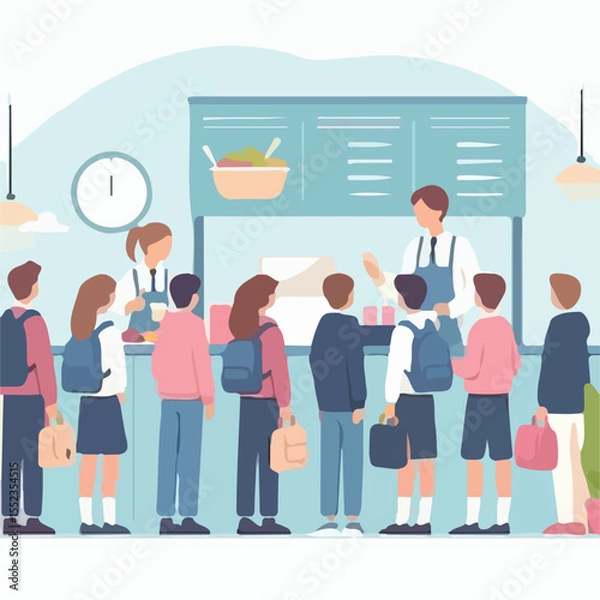 Fototapeta image of a school canteen atmosphere with students buying food with a simple and minimalist flat design using a white background