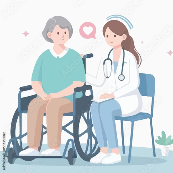 Fototapeta image of a patient sitting in a wheelchair and accompanied by a nurse with a simple and minimalist flat design using a white background