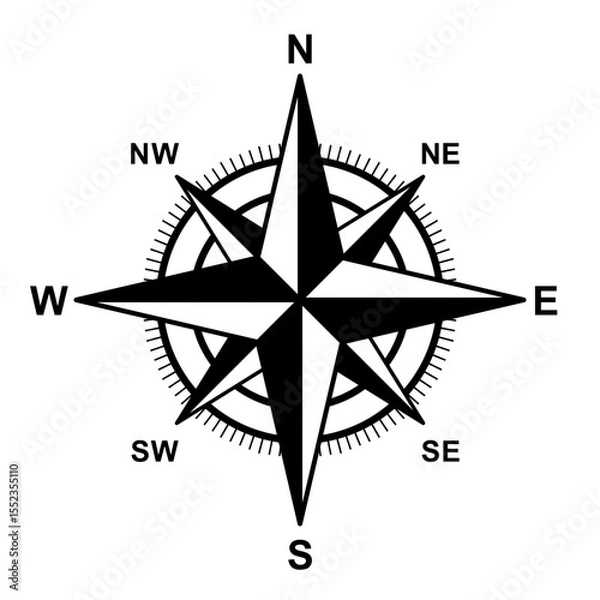 Obraz Compass icon, vector. Compass symbol, silhouette. Navigation icon, symbol concept. North, South, West, East indicated with compass arrow. Vector illustration. Isolated on White Background	
