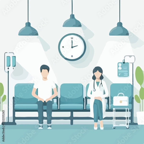 Fototapeta image of a hospital waiting room with patients sitting neatly with a simple and minimalist flat design using a white background