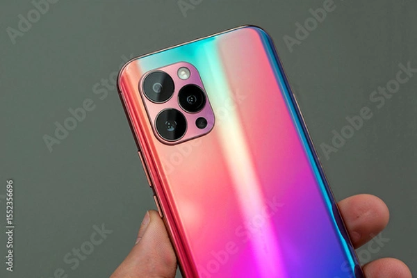 Fototapeta Sleek smartphone with gradient back and triple cameras