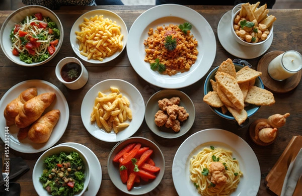 Fototapeta Brunch table top view with delicious food assortment. Plates filled with pasta, salads, fried snacks, croissants, bread. Setting for meal. Catering for holiday event. Fresh, tasty food ready to eat.