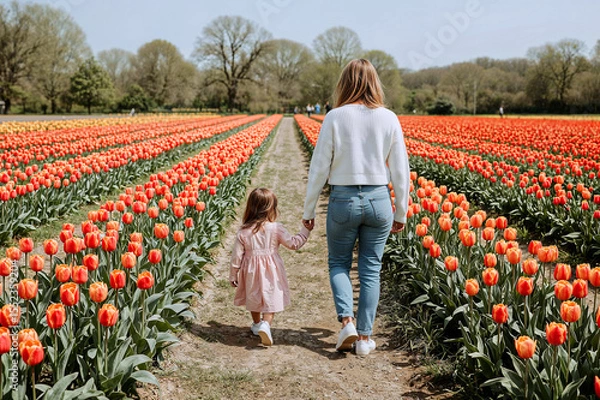 Fototapeta Mother and daughter strolling through colorful tulip fields