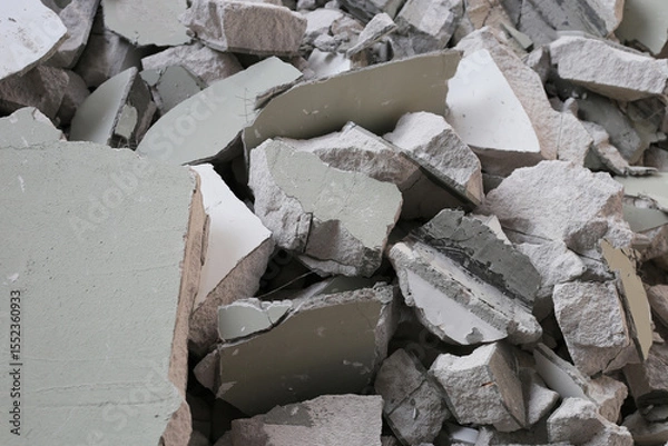 Fototapeta Broken concrete, Piles of lightweight construction bricks after house demolition