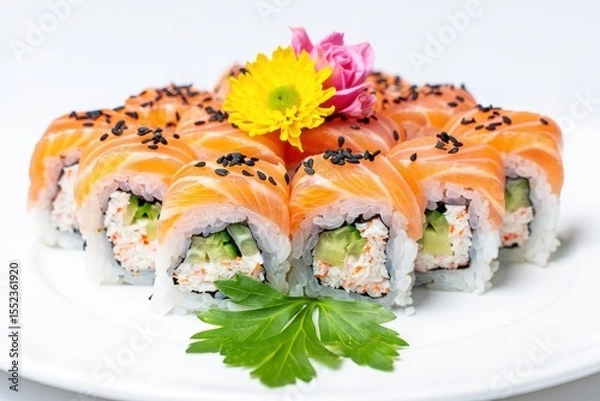 Obraz Salmon sushi rolls with cucumber and crab filling garnished with flowers food japanese
