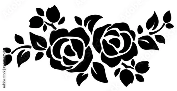 Fototapeta Rose flowers. Black silhouette of roses isolated on a white background. Vector floral design element