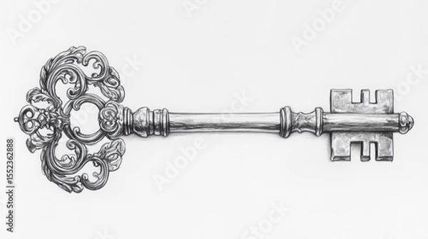 Fototapeta Ornate key with intricate filigree and decorative head, rests on a white background