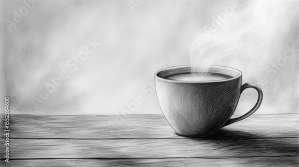 Fototapeta Steaming cup on weathered wood surface, soft monochrome rendering, evokes quiet warmth