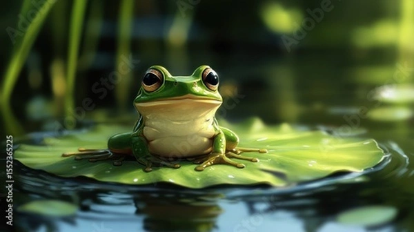 Fototapeta A vibrant green frog sits serenely on a lily pad floating on calm, dark water, with blurred greenery in the background, sunlight illuminating the scene