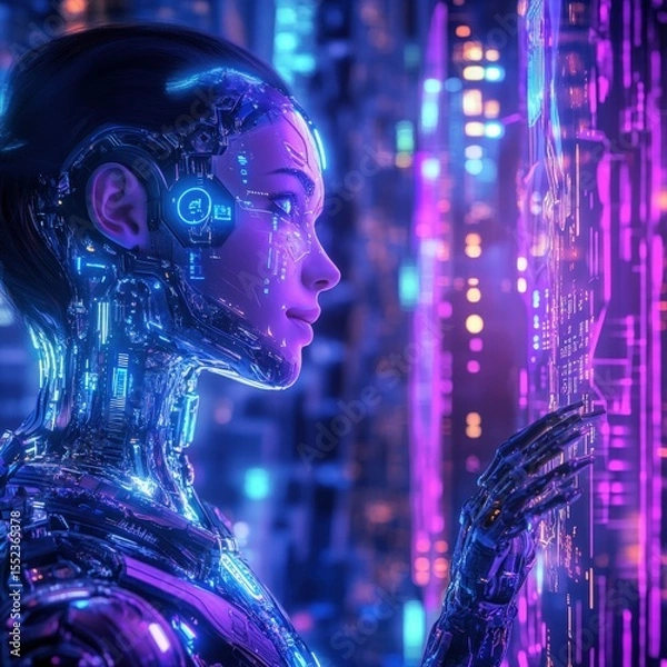 Fototapeta Futuristic female android interacting with glowing digital interface. Neon lights reflect on her metallic surface in a high-tech environment filled with data streams and circuits