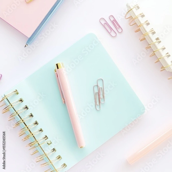 Fototapeta Pastel office supplies arranged on a clean white surface. Spiral notebook, clips, pen, and desk tools in soft tones create a modern, minimal desktop composition for creative work