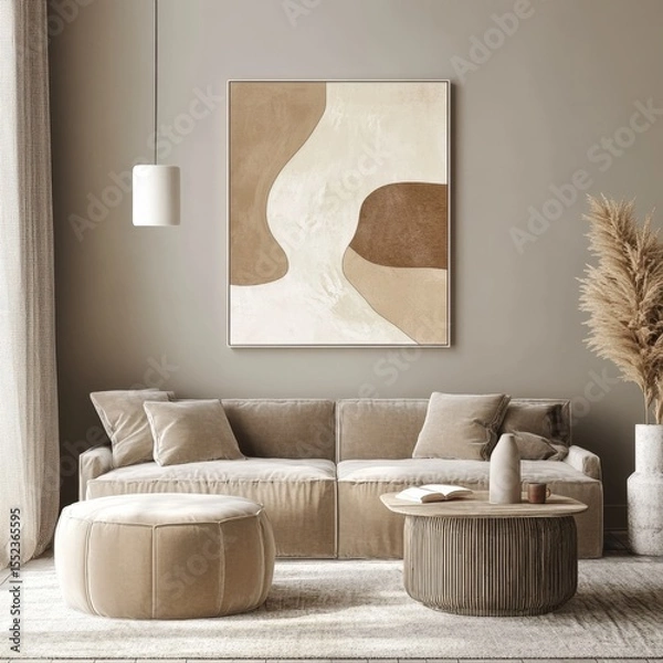 Fototapeta Contemporary living space with abstract wall art, beige sofa, round ottoman, coffee table, hanging chandelier, and decorative branch accent in serene neutral palette