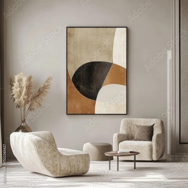 Fototapeta Stylish modern lounge with abstract artwork in warm earth tones, soft upholstered furniture, pampas grass in vase, and minimalist layout with cozy neutral ambiance
