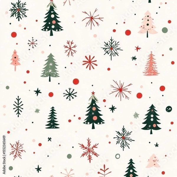 Fototapeta Cheerful festive pattern with various green and red Christmas trees and snowflakes, scattered with colorful dots on light background