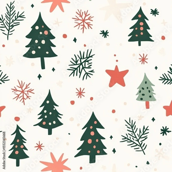 Fototapeta Lively holiday pattern featuring Christmas trees, snowflakes, stars, and fir branches on a clean white background