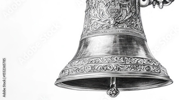 Fototapeta Detailed pencil sketch of an ornate bell, showcasing intricate carvings and metallic sheen against a white background