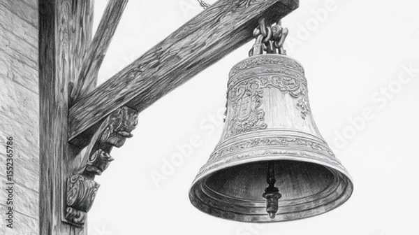 Fototapeta A weathered, ornate bell hangs from a rustic wooden structure against a bright, plain background.  The bell shows signs of age and intricate carvings
