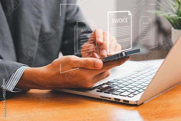 Fototapeta E-Invoice and Digital billing concept, Invoice, Businessman using laptop to manage electronic statements virtual screen. E-tax, Digital receipt, Online invoice processing and tax accounting solutions.