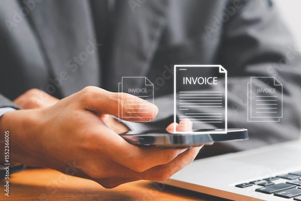 Fototapeta E-Invoice and Digital billing concept, Invoice, Businessman using laptop to manage electronic statements virtual screen. E-tax, Digital receipt, Online invoice processing and tax accounting solutions.