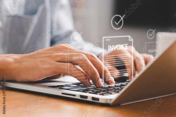 Fototapeta E-Invoice and Digital billing concept, Invoice, Businessman using laptop to manage electronic statements virtual screen. E-tax, Digital receipt, Online invoice processing and tax accounting solutions.