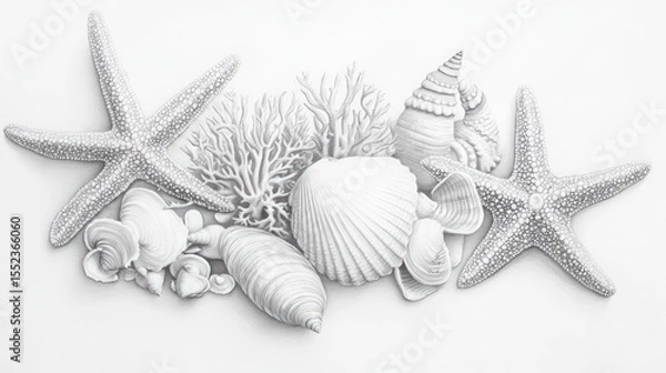 Fototapeta Monochrome arrangement of seashells, starfish, and coral on a white background, creating a beach-themed aesthetic
