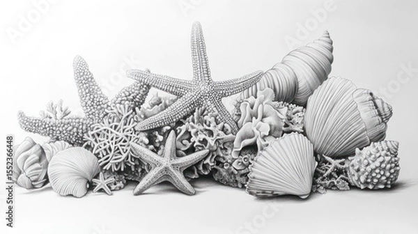 Fototapeta Seaside collection featuring starfish, coral, and shells, rendered in grayscale