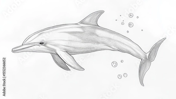 Fototapeta A detailed pencil sketch of a dolphin gracefully swimming, depicted in profile view against a plain white backdrop with subtle air bubbles