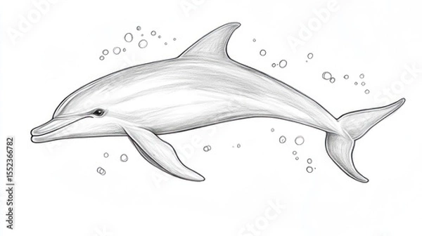 Fototapeta Aquatic dolphin art, sketched with light shading and swimming through small bubbles