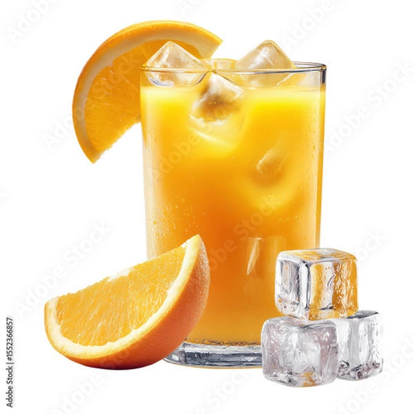 Fototapeta Fresh orange juice in a glass with ice and a lemon slice, a healthy and refreshing citrus drink