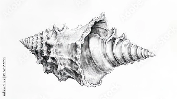 Fototapeta Detailed pencil drawing of a spiral sea shell on white background, intricate texture