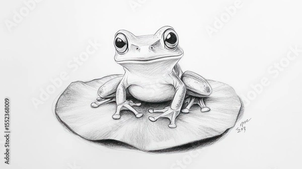 Fototapeta A detailed pencil sketch of a tree frog perched on a lily pad, rendered in grayscale with meticulous attention to texture and detail, creating a lifelike representation