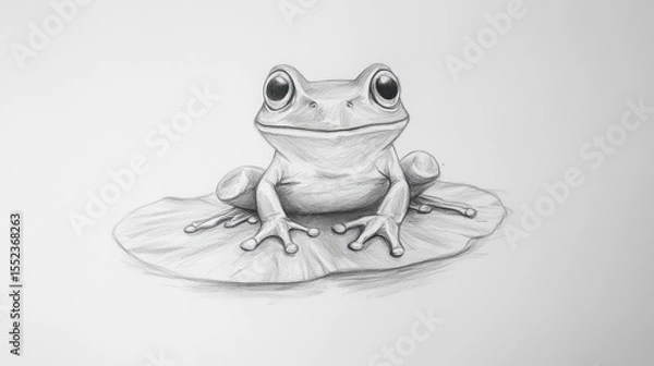 Fototapeta A detailed pencil sketch of a frog perched contentedly atop a lily pad, rendered in grayscale with subtle shading to create depth and texture