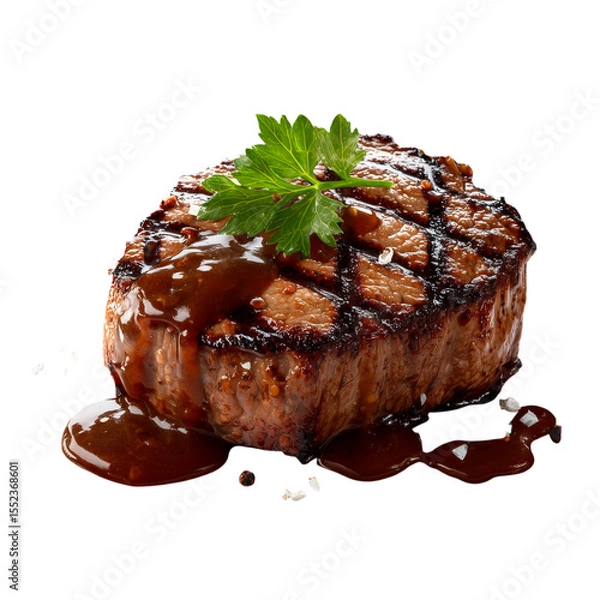 Fototapeta Delicious chocolate cake slice with cream on a white plate