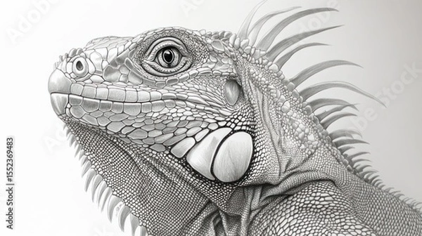 Fototapeta Detailed grayscale drawing of iguana head showing scaly skin & spiky dorsal crest