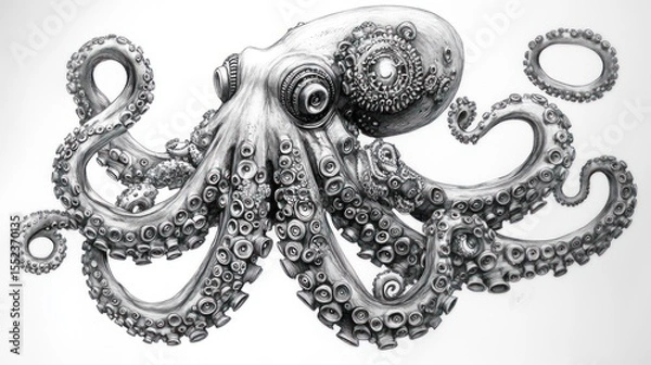 Fototapeta Intricate octopus drawing with mechanical elements, creating a surreal composition