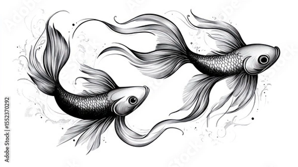 Fototapeta Two elegant, ornate fish swimming in tandem with flowing fins, monochrome artistic style