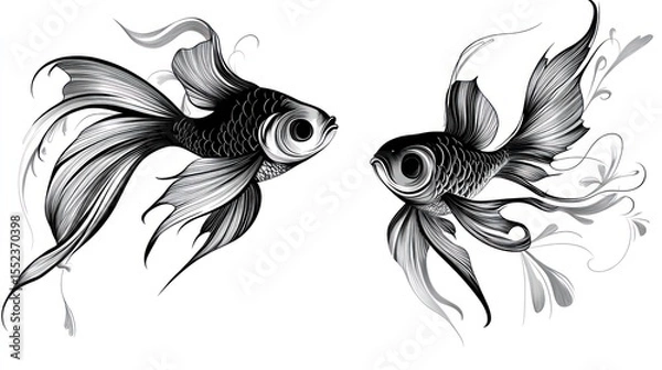 Fototapeta Two stylized goldfish, facing, detailed flowing fins and tails, monochrome design