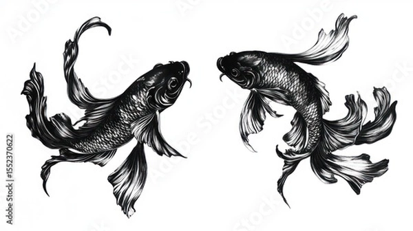 Fototapeta Two stylized koi fish, rendered in monochrome, gracefully poised against a stark white backdrop.  Intricate details showcase flowing fins and scales
