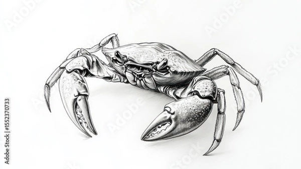 Fototapeta Detailed pencil sketch of a crab, rendered in grayscale against a white background; showcasing intricate details in its shell, legs, and claws