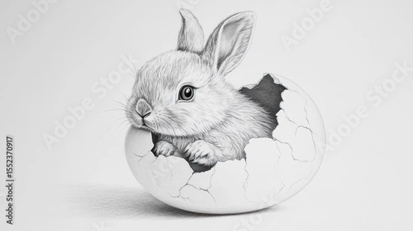 Fototapeta Graphite drawing of a cute bunny emerging from a cracked eggshell