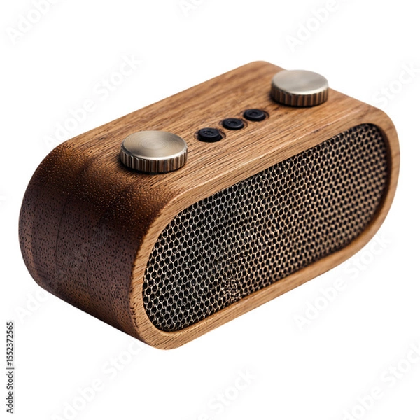 Fototapeta Old wooden radio with classic dial and speaker, a vintage music receiver for broadcast audio, isolated on a white background