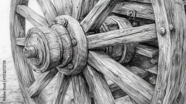 Fototapeta Close-up shows wooden wagon wheel with detailed spokes, hub, and axle in monochrome