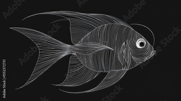 Fototapeta Intricate white-lined illustration of an angelfish swimming against a dark background